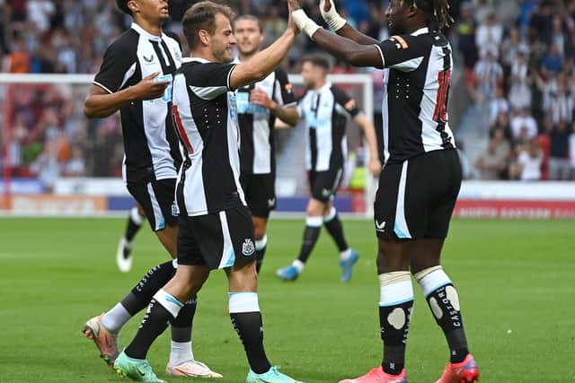 Newcastle’s Ryan Fraser (centre) celebrates his pre-season goal against Doncaster Rovers with Allan Saint-Maximin (R) and Jamal Lewis.