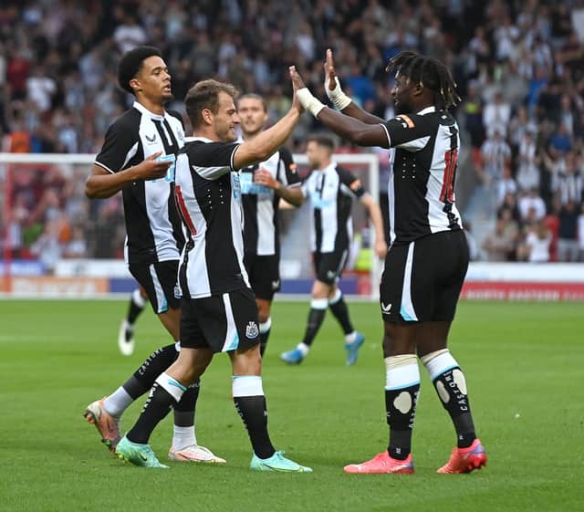 Newcastle’s Ryan Fraser (centre) celebrates his pre-season goal against Doncaster Rovers with Allan Saint-Maximin (R) and Jamal Lewis.