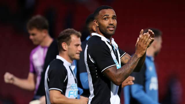Callum Wilson of Newcastle United applauds the fans after the Pre-Season Friendly match between Doncaster Rovers and Newcastle United at at Keepmoat Stadium on July 23, 2021 in Doncaster, England.