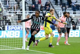 Joe Willock of Newcastle United celebrates after scoring his team’s first goal during the Premier League match between Newcastle United and Sheffield United at St. James Park on May 19, 2021 in Newcastle upon Tyne, England. 