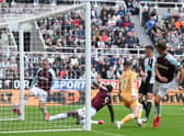 Freddie Woodman of Newcastle United fails to save a shot leading to the first goal of West Ham United during the Premier League match between Newcastle United and West Ham United at St. James Park on August 15, 2021 in Newcastle upon Tyne, England.