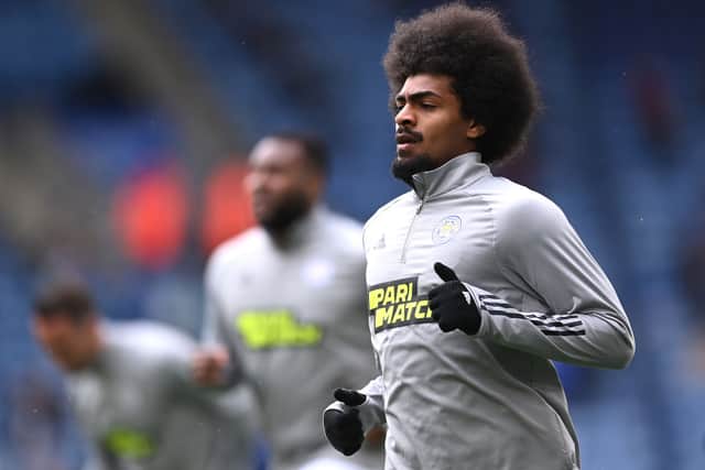 Hamza Choudhury of Leicester City warms up prior to the Premier League match between Leicester City and Tottenham Hotspur at The King Power Stadium on May 23, 2021 in Leicester, England. A limited number of fans will be allowed into Premier League stadiums as Coronavirus restrictions begin to ease in the UK.