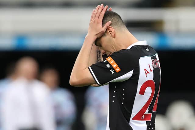 Miguel Almiron of Newcastle United reacts after his penalty miss in the shootout during the Carabao Cup Second Round match between Newcastle United and Burnley at St. James Park on August 25, 2021 in Newcastle upon Tyne, England.