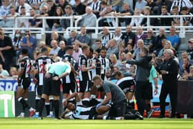 Callum Wilson of Newcastle United receives medical attention during the Premier League match between Newcastle United  and  Southampton at St. James Park on August 28, 2021 in Newcastle upon Tyne, England. 