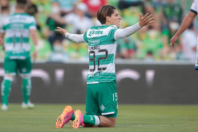 Santiago Munoz of Santos gestures during the 17th round match between Santos Laguna and Puebla as part of the Torneo Guardanes 2021 Liga MX at Corona Stadium on May 2, 2021 in Torreon, Mexico.
