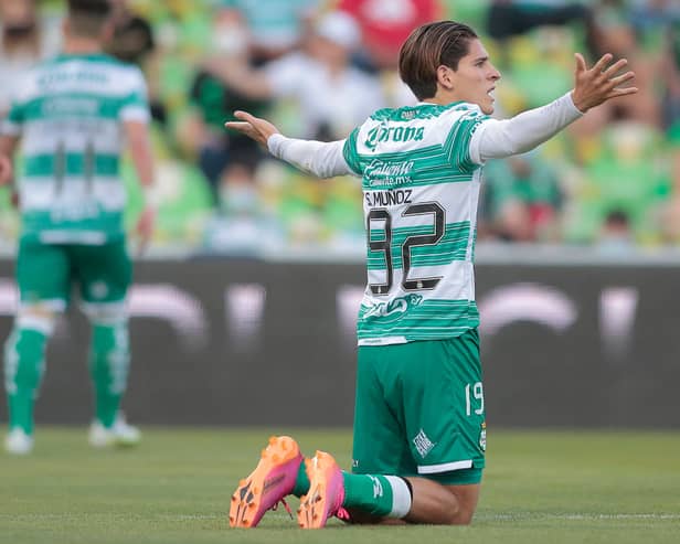 Santiago Munoz of Santos gestures during the 17th round match between Santos Laguna and Puebla as part of the Torneo Guardanes 2021 Liga MX at Corona Stadium on May 2, 2021 in Torreon, Mexico.