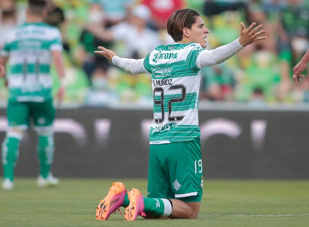 <p>Santiago Munoz of Santos gestures during the 17th round match between Santos Laguna and Puebla as part of the Torneo Guardanes 2021 Liga MX at Corona Stadium on May 2, 2021 in Torreon, Mexico.</p>