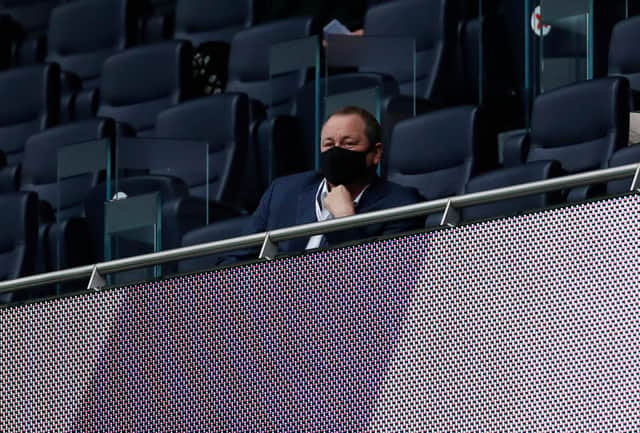 Newcastle United’s English owner Mike Ashley watches from the stands during the English Premier League football match between Tottenham Hotspur and Newcastle United at Tottenham Hotspur Stadium in London, on September 27, 2020. 