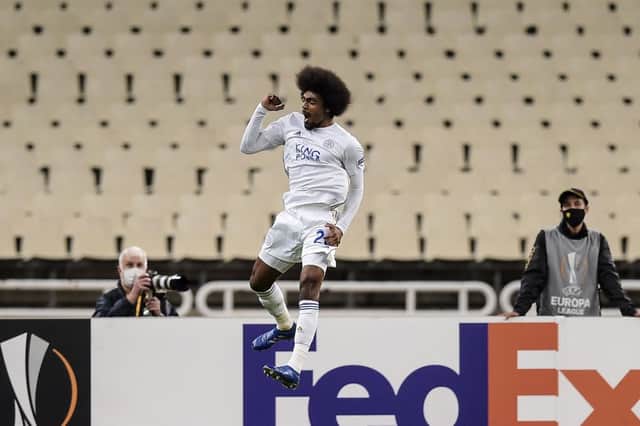 Leicester’s English midfielder Hamza Choudhury celebrates after scoring a goal during the UEFA Europa League group G football match between AEK Athens and Leicester at the Athens Olympic stadium, in Athens on October 29, 2020.