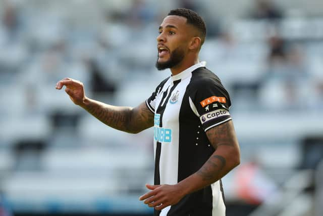 Jamaal Lascelles of Newcastle United gestures during the Premier League match between Newcastle United  and  Southampton at St. James Park on August 28, 2021 in Newcastle upon Tyne, England.