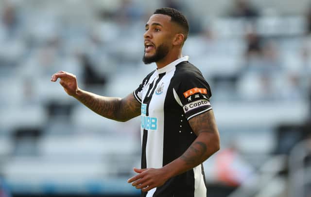 Jamaal Lascelles of Newcastle United gestures during the Premier League match between Newcastle United  and  Southampton at St. James Park on August 28, 2021 in Newcastle upon Tyne, England.