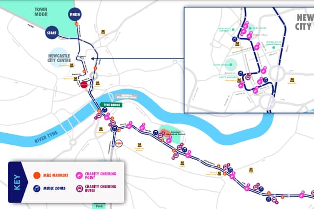 The route of the Great North Run 2021 with charity cheering points marked 