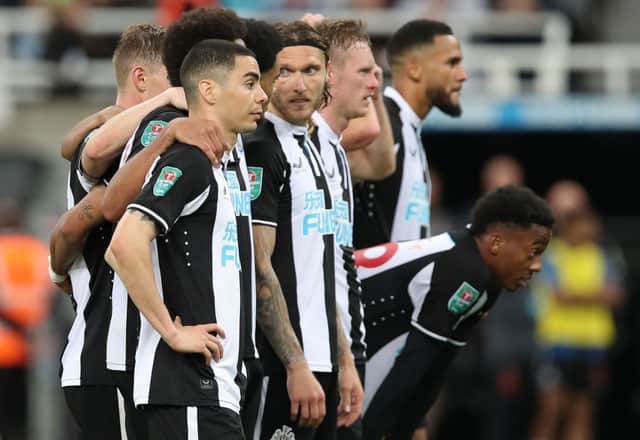 Miguel Almiron of Newcastle United reacts in the shootout during the Carabao Cup Second Round match between Newcastle United and Burnley at St. James Park on August 25, 2021 in Newcastle upon Tyne, England.