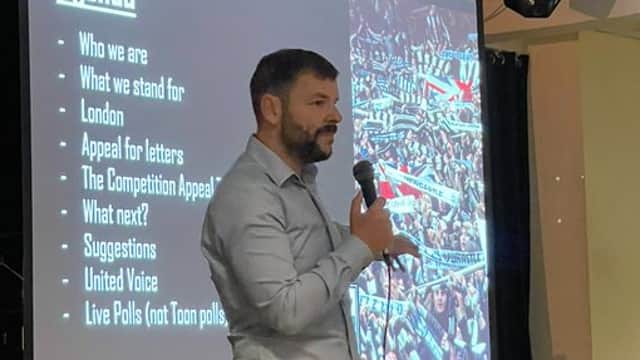 Organiser Peter Clennell addresses the audience at the Tyneside Irish Centre at the recent Protest NUFC brainstorming meeting.