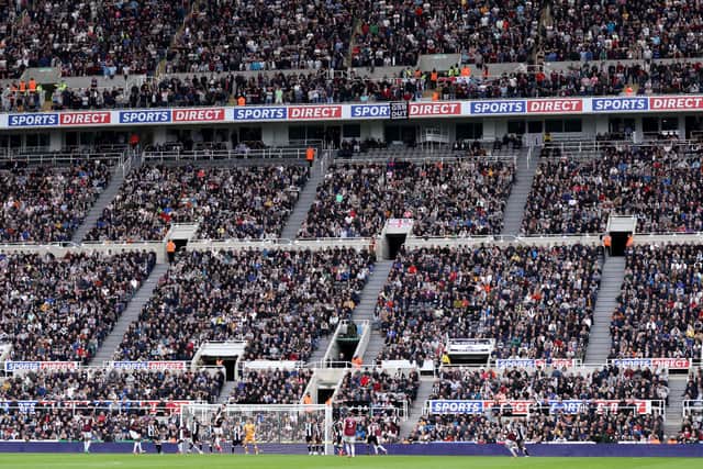 A general view inside the stadium as fans watch on during the Premier League match between Newcastle United  and  West Ham United at St. James Park on August 15, 2021 in Newcastle upon Tyne, England. 
