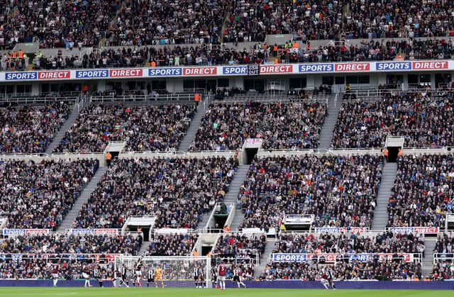 A general view inside the stadium as fans watch on during the Premier League match between Newcastle United and West Ham United at St. James Park on August 15, 2021 in Newcastle upon Tyne, England.