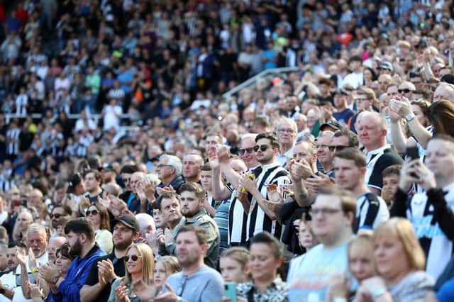 Newcastle United fans show their support prior to the Premier League match between Newcastle United and Southampton at St. James Park on August 28, 2021 in Newcastle upon Tyne, England.