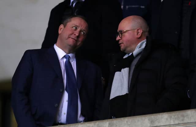 Mike Ashley owner of Newcastle United talks to managing Directory Lee Charnley ahead of the FA Cup Fourth Round Replay match between Oxford United and Newcastle United at Kassam Stadium on February 04, 2020 in Oxford, England.