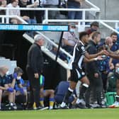 Callum Wilson of Newcastle United is substituted off as Joelinton of Newcastle United is substituted on during the Premier League match between Newcastle United  and  Southampton at St. James Park on August 28, 2021 in Newcastle upon Tyne, England.