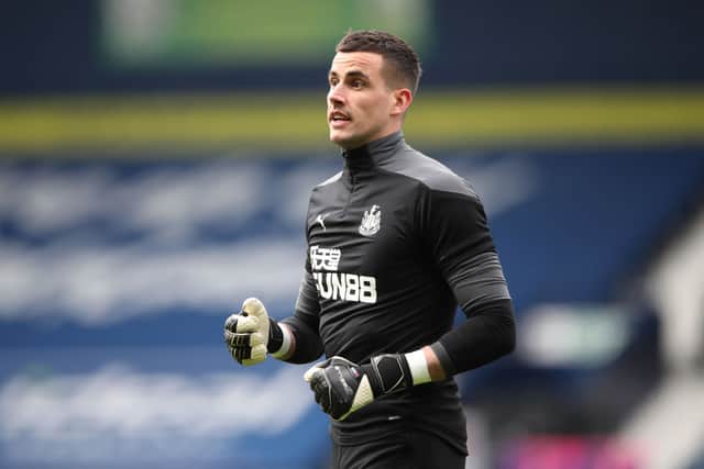 Karl Darlow of Newcastle United looks on during the warm up prior to the Premier League match between West Bromwich Albion and Newcastle United at The Hawthorns on March 07, 2021 in West Bromwich, England.
