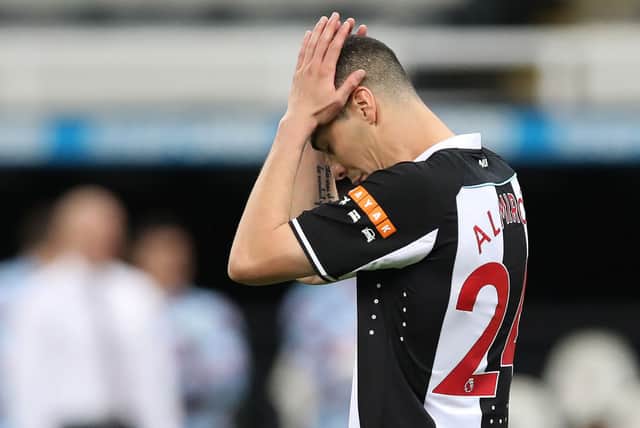 Miguel Almiron of Newcastle United reacts after his penalty miss in the shootout during the Carabao Cup Second Round match between Newcastle United and Burnley at St. James Park on August 25, 2021 in Newcastle upon Tyne, England.