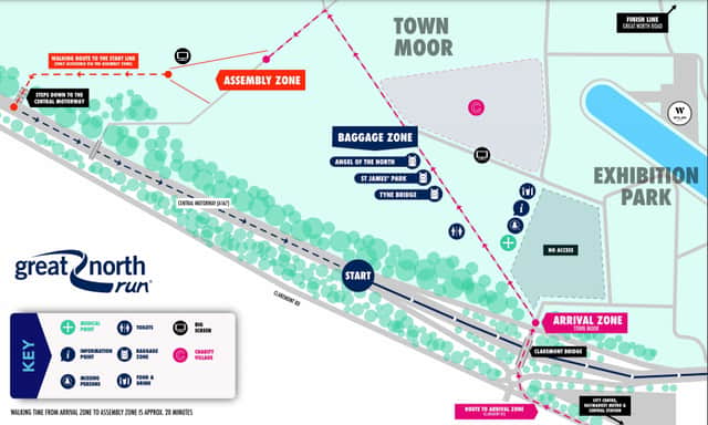 Start and finish line for the Great North Run map  
