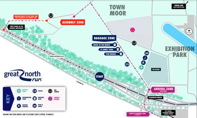 Start and finish line for the Great North Run map