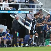 Callum Wilson of Newcastle United is substituted off as Joelinton of Newcastle United is substituted on during the Premier League match between Newcastle United  and  Southampton at St. James Park on August 28, 2021 in Newcastle upon Tyne, England. 