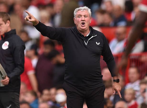 <p>Newcastle United’s English head coach Steve Bruce gestures on the touchline during the English Premier League football match between Manchester United and Newcastle at Old Trafford in Manchester, north west England, on September 11, 2021. </p>