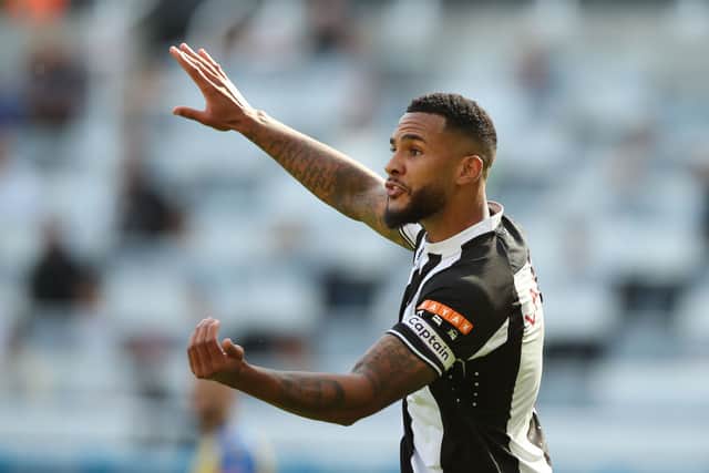 Jamaal Lascelles of Newcastle United gestures during the Premier League match between Newcastle United  and  Southampton at St. James Park on August 28, 2021 in Newcastle upon Tyne, England. 