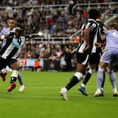 Allan Saint-Maximin of Newcastle United  scores their team’s first goal  during the Premier League match between Newcastle United and Leeds United at St. James Park on September 17, 2021 in Newcastle upon Tyne, England. (Photo by Ian MacNicol/Getty Images)