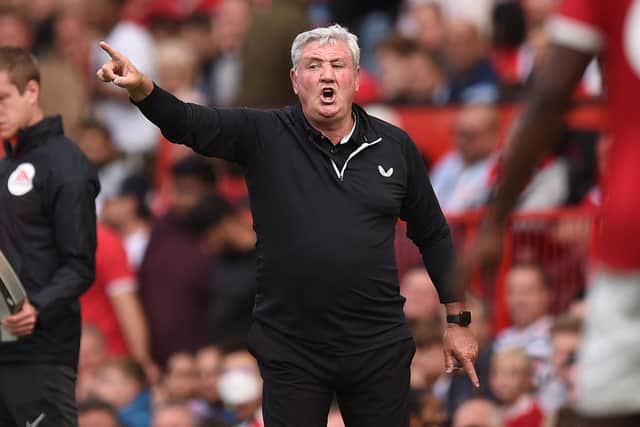 Newcastle United’s English head coach Steve Bruce gestures on the touchline during the English Premier League football match between Manchester United and Newcastle at Old Trafford in Manchester, north west England, on September 11, 2021. 