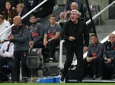 Newcastle United manager Steve Bruce reacts during the Premier League match between Newcastle United and Leeds United at St. James Park on September 17, 2021 in Newcastle upon Tyne, England.
