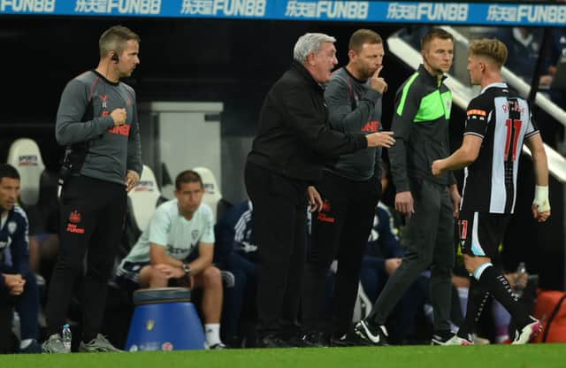 Newcastle manager Steve Bruce on the touchline during the Premier League match between Newcastle United  and  Leeds United at St. James Park on September 17, 2021 in Newcastle upon Tyne, England. 