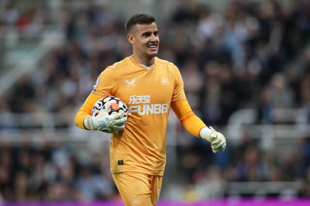 Karl Darlow of Newcastle Uited is seen during the Premier League match between Newcastle United and Leeds United at St. James Park on September 17, 2021 in Newcastle upon Tyne, England.