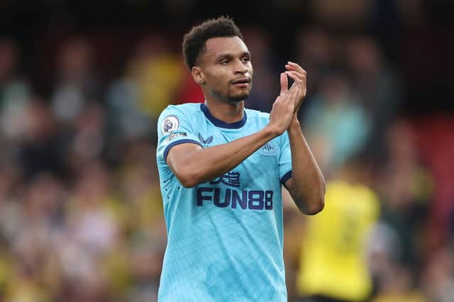 Jacob Murphy of Newcastle United applauds the fans after the Premier League match between Watford and Newcastle United at Vicarage Road on September 25, 2021 in Watford, England.
