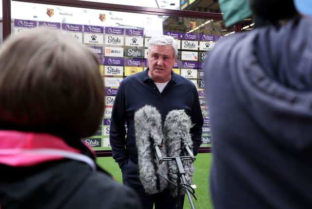 Steve Bruce, Manager of Newcastle United is interviewed by the media prior to the Premier League match between Watford and Newcastle United at Vicarage Road on September 25, 2021 in Watford, England.