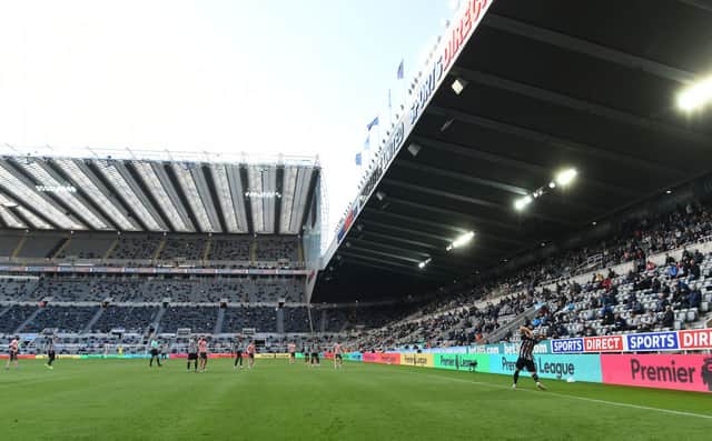 A general view of St James’ Park during its first game back with fans during the Premier League match between Newcastle United and Sheffield United at St. James Park on May 19, 2021 in Newcastle upon Tyne, England.