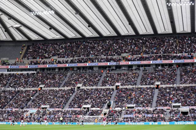 A general view inside the stadium as fans watch on during the Premier League match between Newcastle United  and  West Ham United at St. James Park on August 15, 2021 in Newcastle upon Tyne, England. 