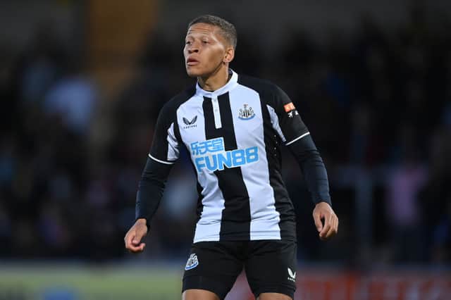 Dwight Gayle of Newcastle in action during the pre-season friendly between Burton Albion and Newcastle United at the Pirelli Stadium on July 30, 2021 in Burton-upon-Trent, England.