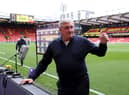 Steve Bruce, Manager of Newcastle United looks on prior to the Premier League match between Watford and Newcastle United at Vicarage Road on September 25, 2021 in Watford, England. 