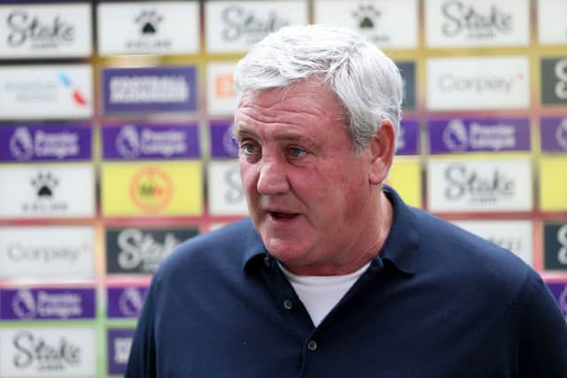 Steve Bruce, Manager of Newcastle United is interviewed by the media prior to the Premier League match between Watford and Newcastle United at Vicarage Road on September 25, 2021 in Watford, England. 