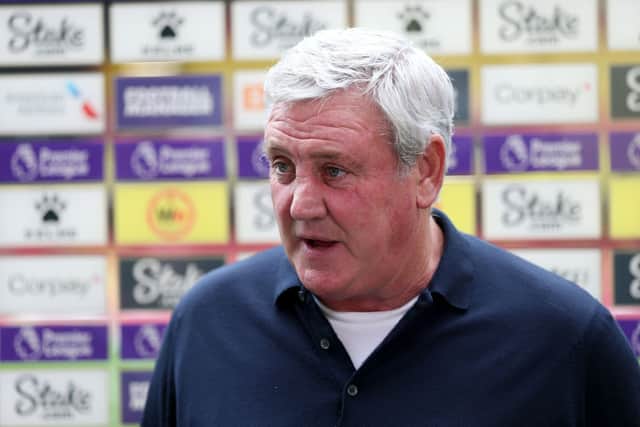 Steve Bruce, Manager of Newcastle United is interviewed by the media prior to the Premier League match between Watford and Newcastle United at Vicarage Road on September 25, 2021 in Watford, England.