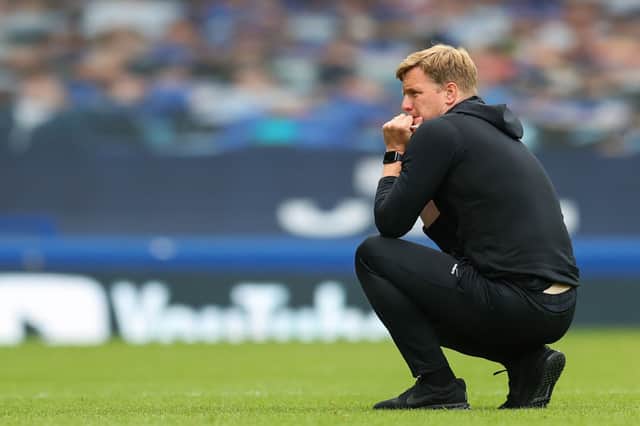 Eddie Howe reacts at the end of the English Premier League football match between Everton and Bournemouth at Goodison Park in Liverpool, north west England on July 26, 2020. 