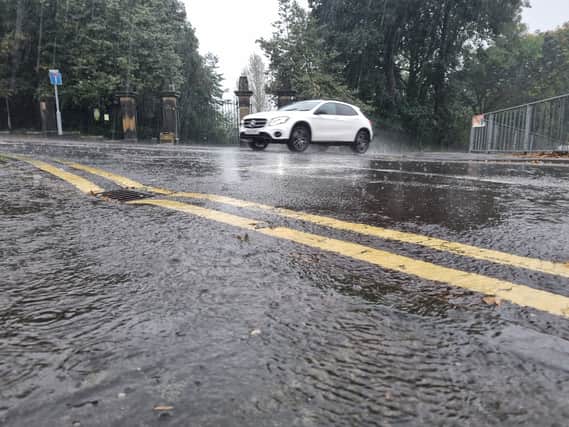 Rain collects outside Gateshead’s Saltwell Park