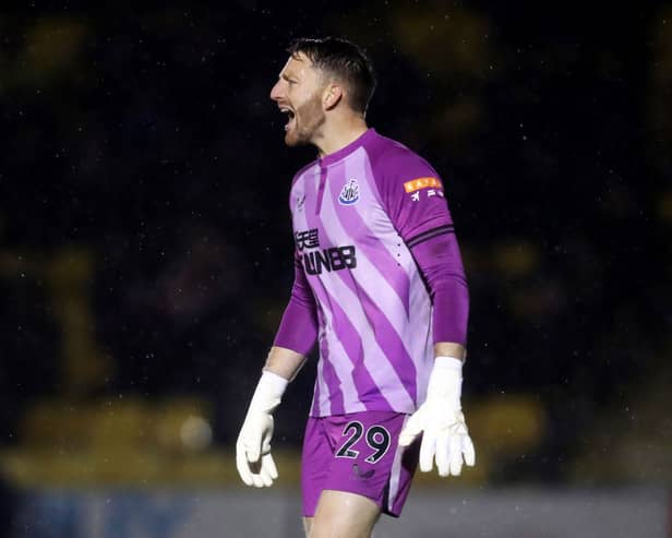 Mark Gillespie of Newcastle United shouts instructions during the Papa John’s EFL Trophy Group match between Harrogate Town and Newcastle United U21’s at The EnviroVent Stadium on October 05, 2021 in Harrogate, England. 