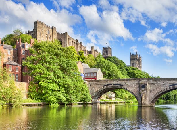 <p>Durham Castle and Cathedral on their rock above the city, and Framwellgate Bridge spanning the River Wear, England, UK</p>