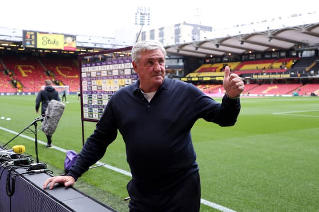 Steve Bruce, Manager of Newcastle United looks on prior to the Premier League match between Watford and Newcastle United at Vicarage Road on September 25, 2021 in Watford, England.