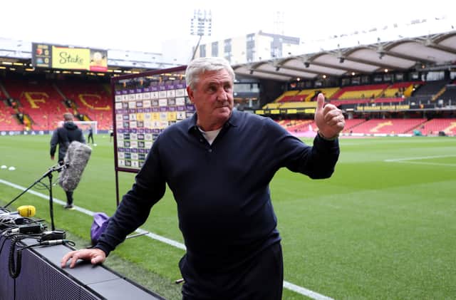 Steve Bruce, Manager of Newcastle United looks on prior to the Premier League match between Watford and Newcastle United at Vicarage Road on September 25, 2021 in Watford, England. 