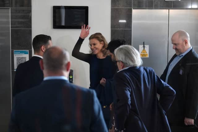 Newcastle United’s new director Amanda Staveley (C) arrives with colleagues at St James’ Park in Newcastle upon Tyne in northeast England on October 8, 2021, after the sale of the football club to a Saudi-led consortium was confirmed the previous day. 
